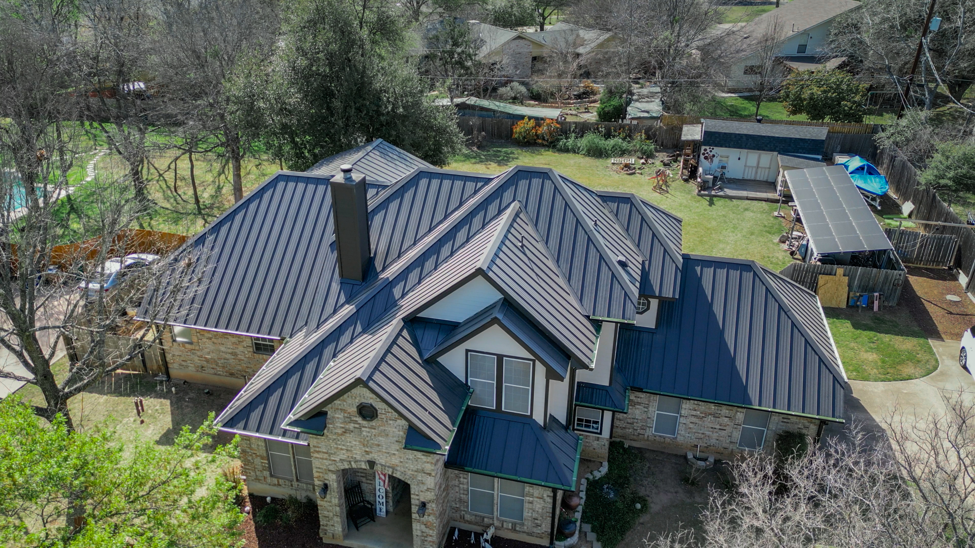 Dark blue standing seam metal roof