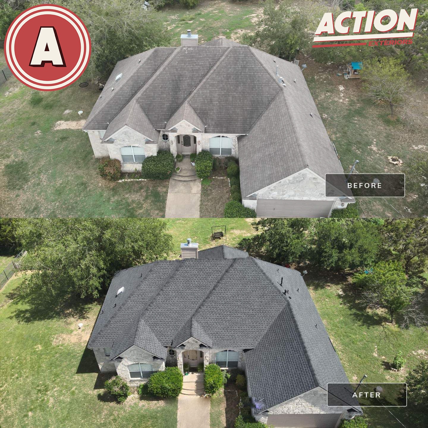Before and after of an Action Exteriors roof replacement in Tulsa