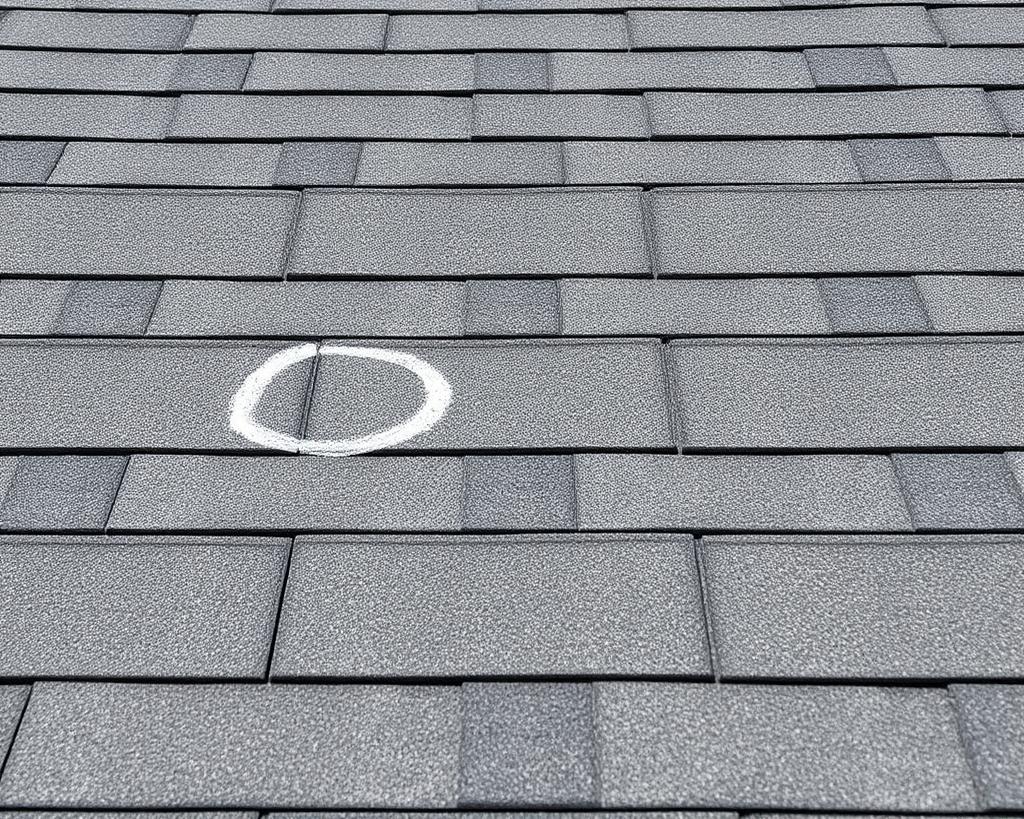A roof with white chalk marks indicating hail for emergency roof repair services , Action Exteriors roof storm damage