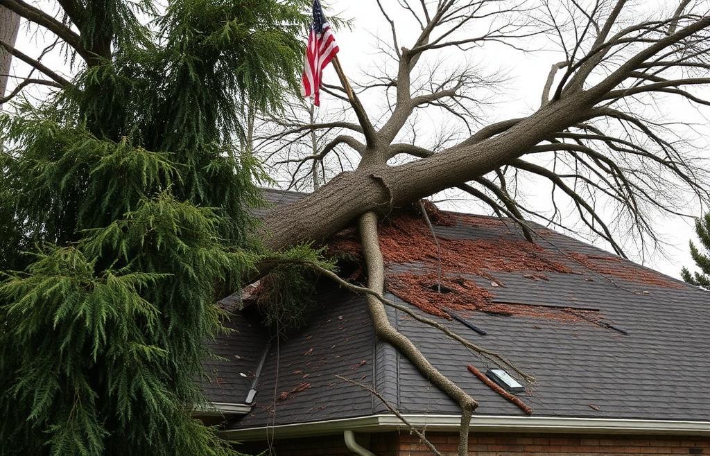A tree that fell on a home that didn't use roof protection for storms with Action Exteriors.