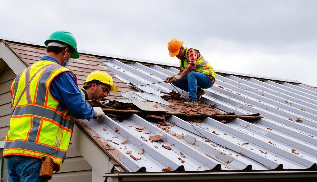 Action Exteriors team working on a metal roof that was damaged by a storm.