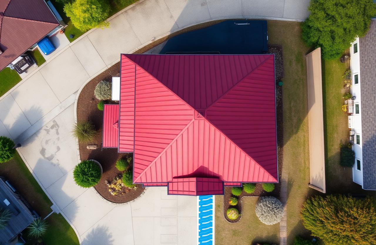 Aerial view of a residential home with a red metal roof completed by Action Exteriors