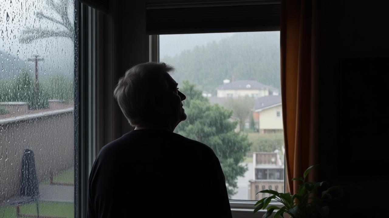 Calm homeowner during rainstorm