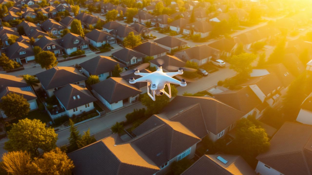 Aerial drone view of neighborhood roofs