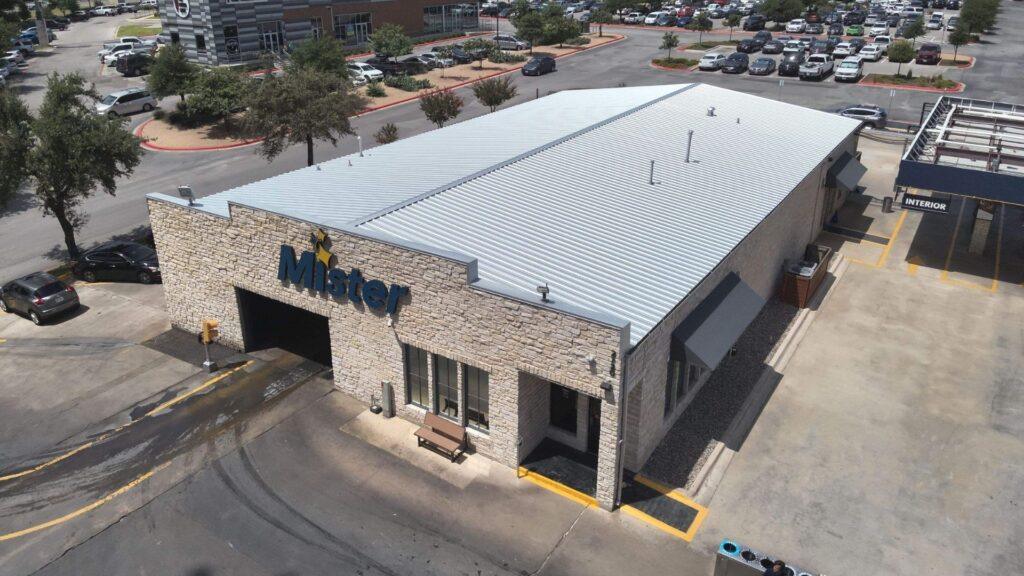 The top of a business that had a metal roof repaired by Action Exteriors Austin.