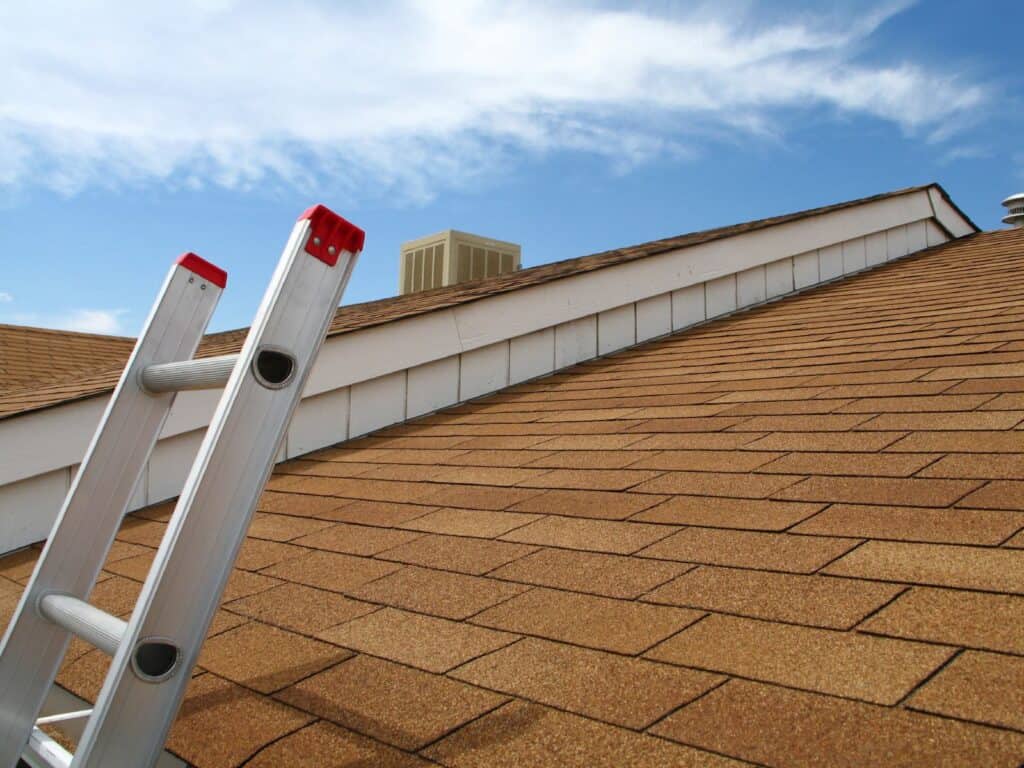A ladder leaning up on a roof for roof repairs done by Action Exteriors